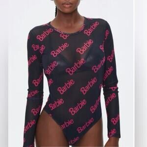 FOREVER 21 X BARBIE MESH SHEER LONG SLEEVE BODYSUIT - BLACK & HOT PINK - 3X